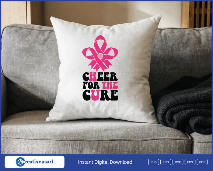 Cheer For The Cure with a pink ribbon shaped like a pom pom SVG design on a white throw pillow