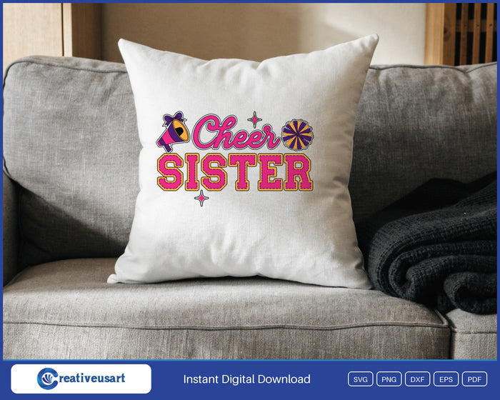 Cheer Sister SVG design on a white throw pillow