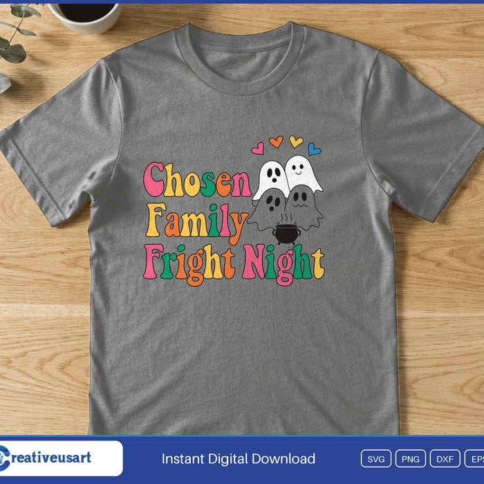Two ghosts with small hearts, above the words Chosen Family Fright Night, on a gray t-shirt
