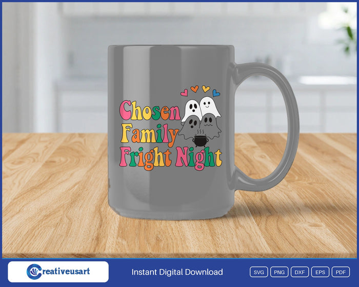 Chosen Family Fright Night ghosts Halloween SVG design on a grey coffee mug