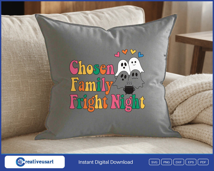 Chosen Family Fright Night ghosts Halloween SVG design on a grey throw pillow