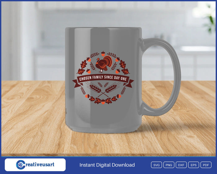 Chosen Family Since Day One turkey badge SVG design on a grey coffee mug