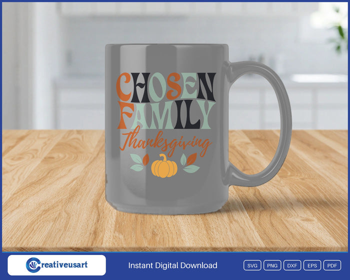 Chosen Family Thanksgiving pumpkin SVG design on a grey coffee mug