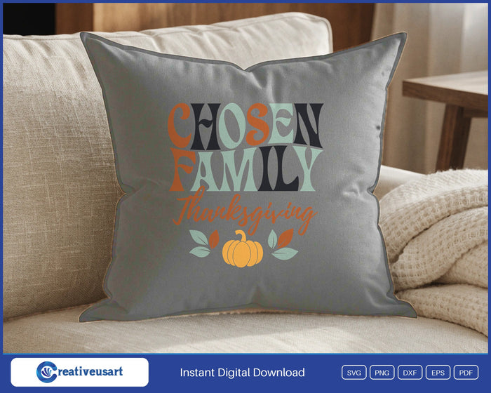 Chosen Family Thanksgiving pumpkin SVG design on a grey throw pillow