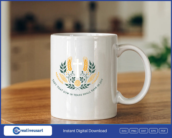Christian Thanksgiving with a cross and a wheat and leaf wreath SVG design on a white coffee mug