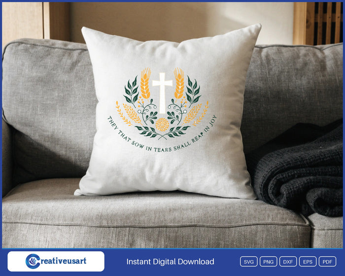 Christian Thanksgiving with a cross and a wheat and leaf wreath SVG design on a white throw pillow