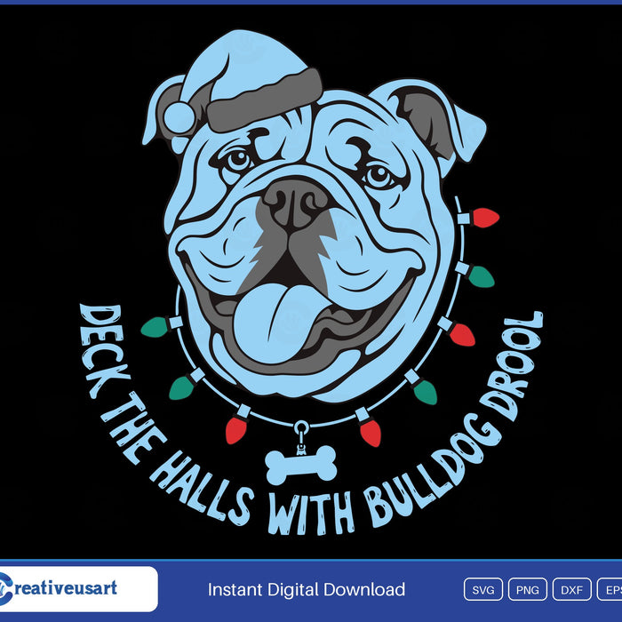 Deck The Halls With Bulldog Drool bulldog in a Santa hat SVG printed on a black t-shirt