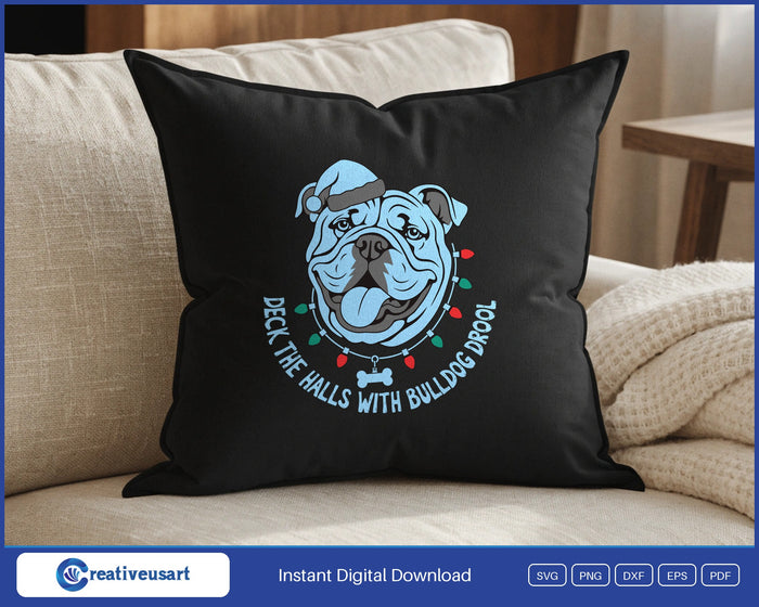 Deck The Halls With Bulldog Drool bulldog in a Santa hat SVG design on a black throw pillow