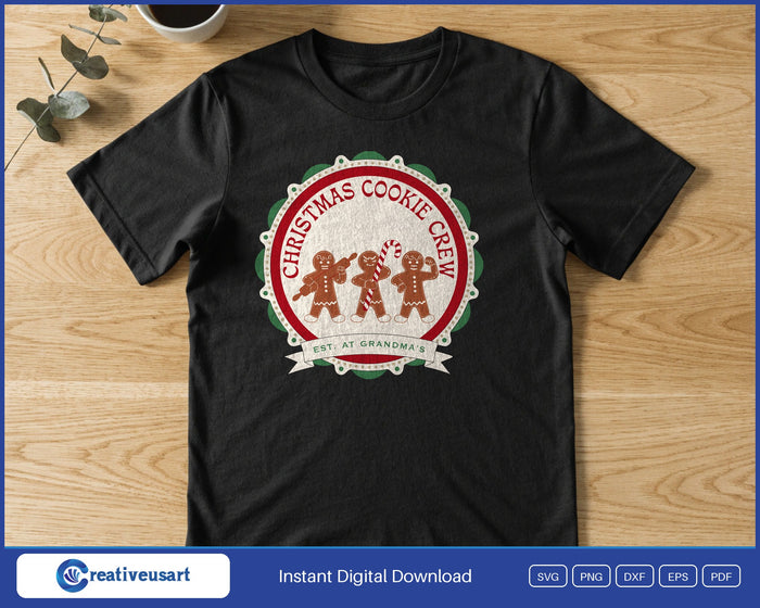 Christmas Cookie Crew Est. At Grandma's SVG printed on a black t-shirt, matching family baking shirts
