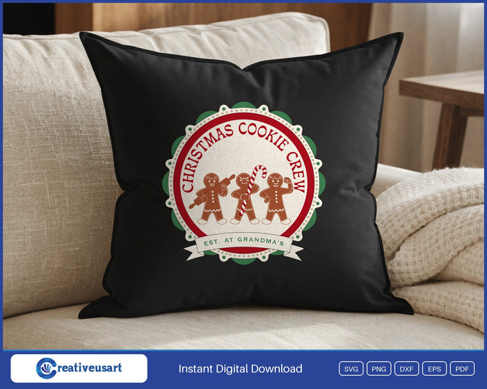 Christmas Cookie Crew Est. At Grandma's SVG design on a black throw pillow