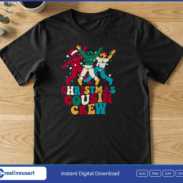 Christmas Cousin Crew with three cousins tangled in Christmas lights SVG printed on a black t-shirt
