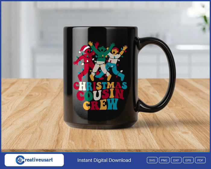 Christmas Cousin Crew with three cousins tangled in Christmas lights SVG design on a black coffee mug