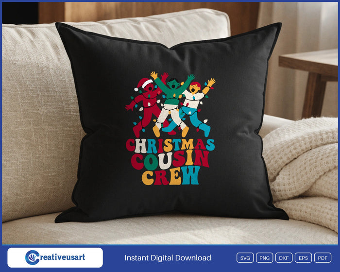 Christmas Cousin Crew with three cousins tangled in Christmas lights SVG design on a black throw pillow