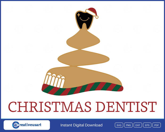 Christmas Dentist with a smiling tooth in a santa hat on a toothbrush tree SVG design on a white background