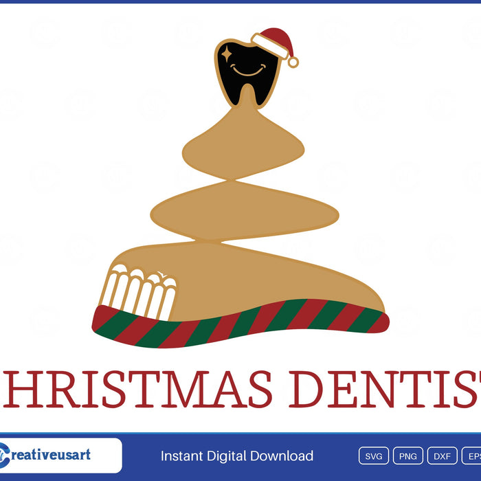 Christmas Dentist with a smiling tooth in a santa hat on a toothbrush tree SVG design on a white background