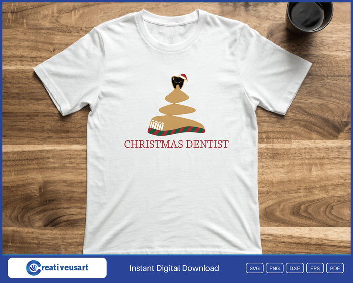 Christmas Dentist with a smiling tooth in a santa hat on a toothbrush tree SVG printed on a white t-shirt