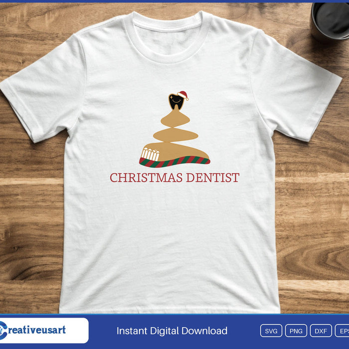 Christmas Dentist with a smiling tooth in a santa hat on a toothbrush tree SVG printed on a white t-shirt