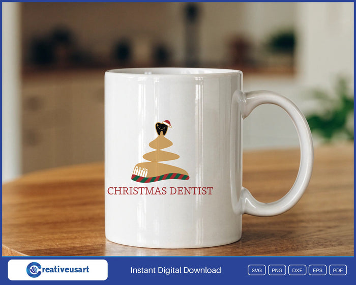 Christmas Dentist with a smiling tooth in a santa hat on a toothbrush tree SVG design on a white coffee mug