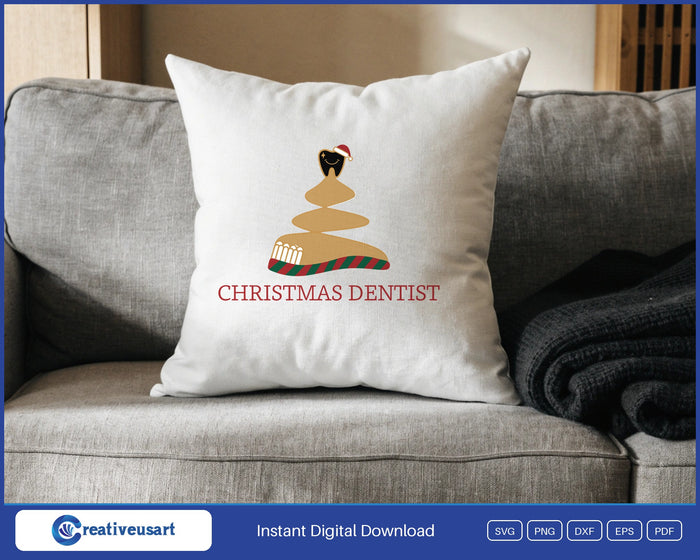 Christmas Dentist with a smiling tooth in a santa hat on a toothbrush tree SVG design on a white throw pillow