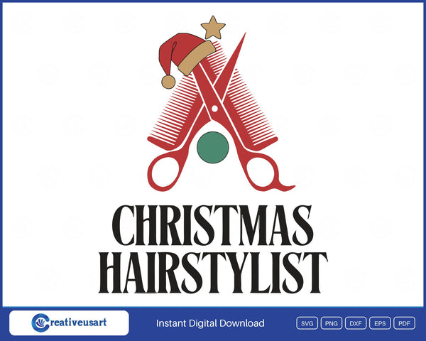 Christmas Hairstylist with crossed scissors and a comb wearing a Santa hat SVG design on a white background