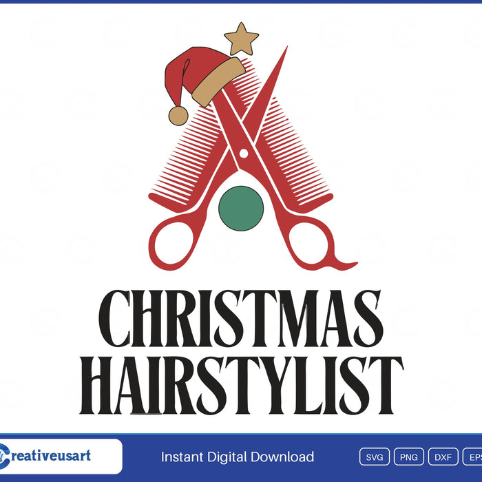 Christmas Hairstylist with crossed scissors and a comb wearing a Santa hat SVG design on a white background
