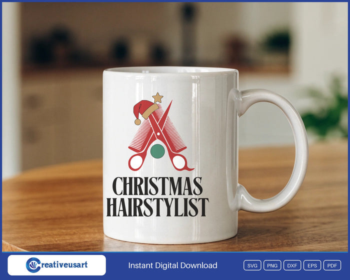Christmas Hairstylist with crossed scissors and a comb wearing a Santa hat SVG design on a white coffee mug