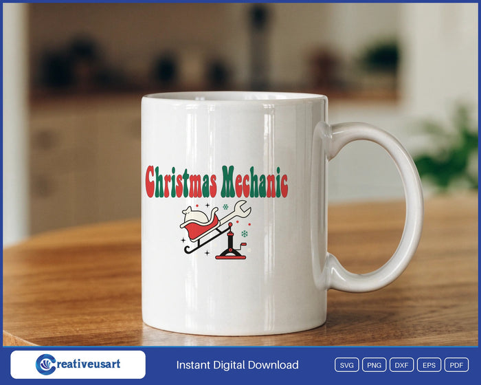Christmas Mechanic Santa sleigh on a jack SVG design on a white coffee mug
