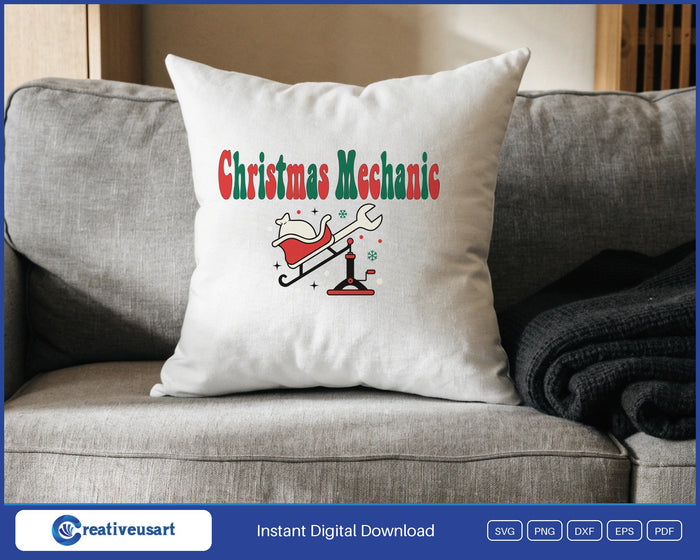 Christmas Mechanic Santa sleigh on a jack SVG design on a white throw pillow