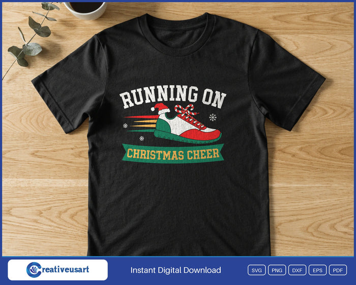 Running On Christmas Cheer design printed on a black t-shirt