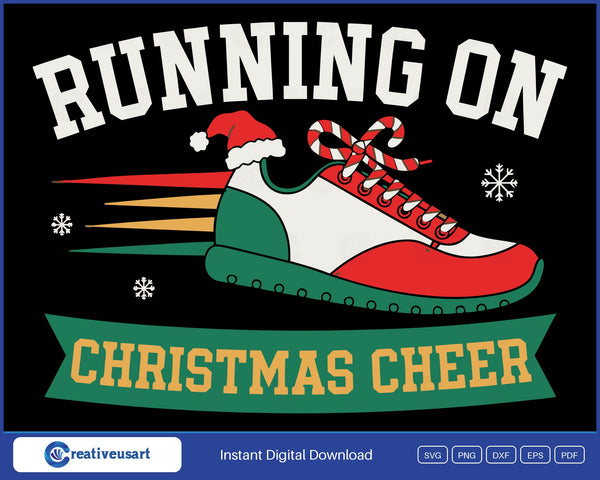 Running On Christmas Cheer SVG, running shoe in a Santa hat with candy cane laces and speed lines