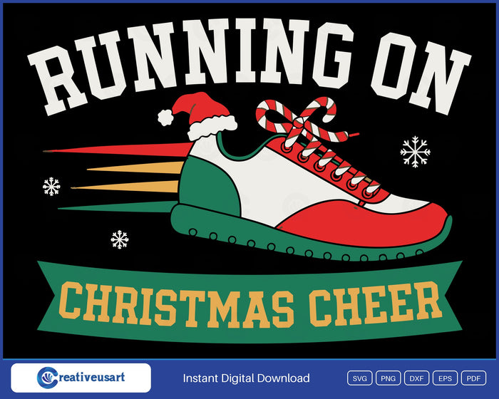 Running On Christmas Cheer SVG, running shoe in a Santa hat with candy cane laces and speed lines