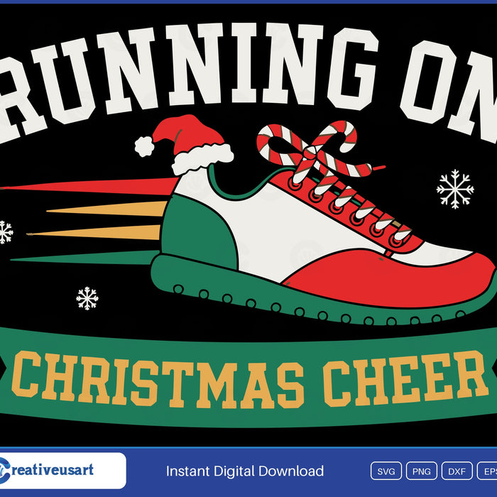 Running On Christmas Cheer SVG, running shoe in a Santa hat with candy cane laces and speed lines