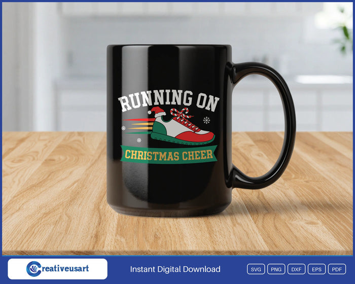 Running On Christmas Cheer design on a black coffee mug