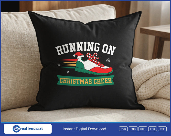 Running On Christmas Cheer design on a black throw pillow