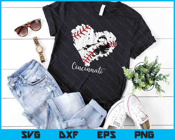 Cincinnati Baseball Heart Angustiado SVG PNG Archivos de corte digital - on a t-shirt