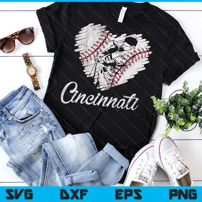 Cincinnati Baseball Heart Distressed Vintage Baseball Fans SVG PNG Digital Printable Files