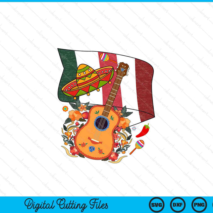 Cinco De Mayo Mexican Guitar Flag And Cute Hat SVG PNG Digital Printable Files