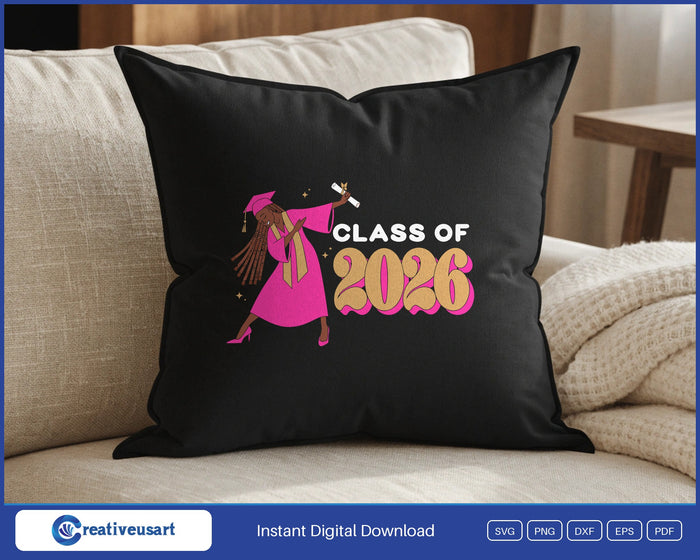 Class Of 2026 Black girl graduate dab SVG design on a throw pillow