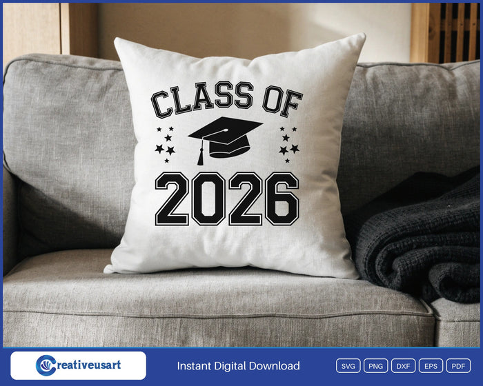 Class Of 2026 graduation cap SVG design on a white throw pillow