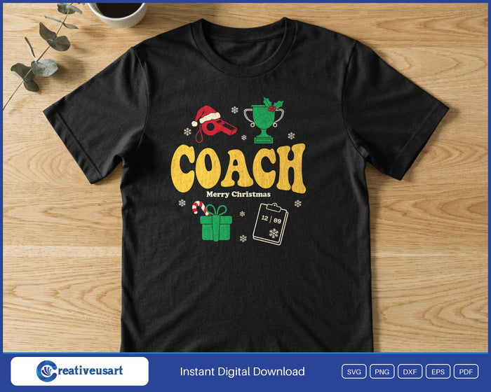Coach Christmas SVG printed on a black t-shirt