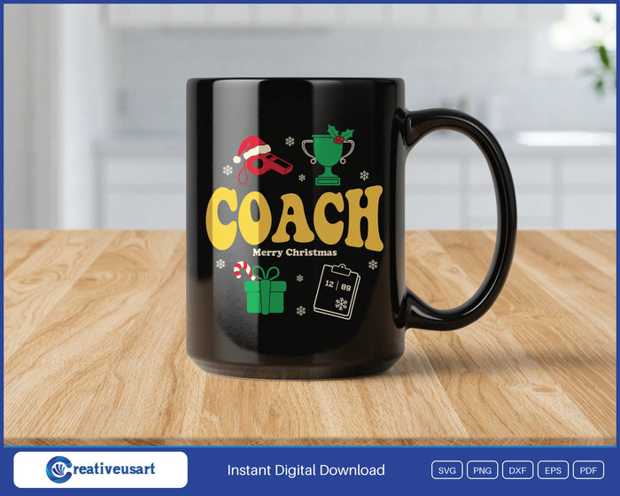 Coach Christmas SVG design on a black coffee mug