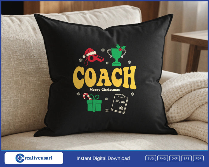 Coach Christmas SVG design on a black throw pillow