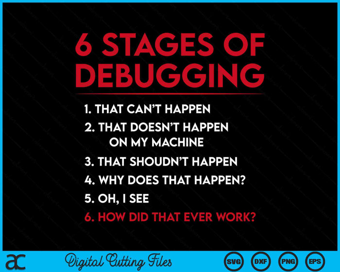 Coding 6 Stages of Debugging Bug Computer Programmer SVG PNG Digital Cutting Files