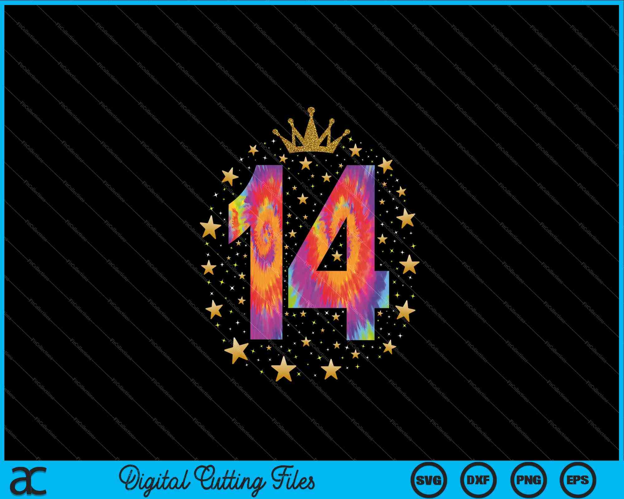 Number 14 Asthetic Colorful Tie Dye Number 14 Year Old 14th Birthday SVG PNG File ...