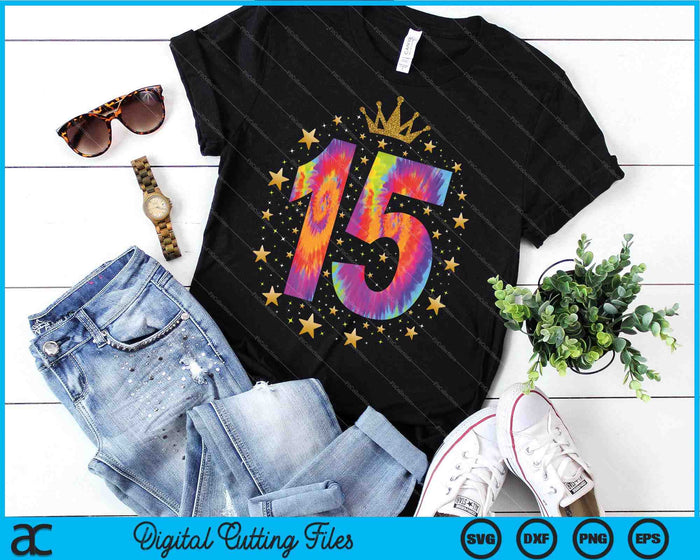 Colorful Tie Dye Number 15 Year Old 15th Birthday SVG PNG Digital Cutting File