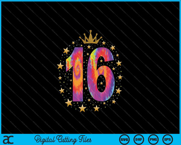 Colorful Tie Dye Number 16 Year Old 16th Birthday SVG PNG Digital Cutting File