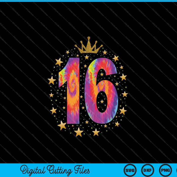 Colorido Tie Dye Número 16 años 16 cumpleaños SVG PNG Archivo de corte digital