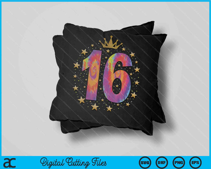 Colorful Tie Dye Number 16 Year Old 16th Birthday SVG PNG Digital Cutting File