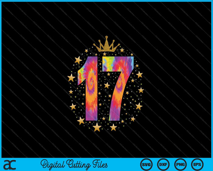 Colorful Tie Dye Number 17 Year Old 17th Birthday SVG PNG Digital Cutting File