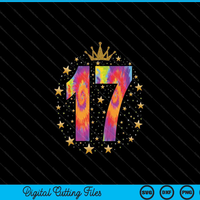 Colorido Tie Dye Número 17 años 17 cumpleaños SVG PNG Archivo de corte digital